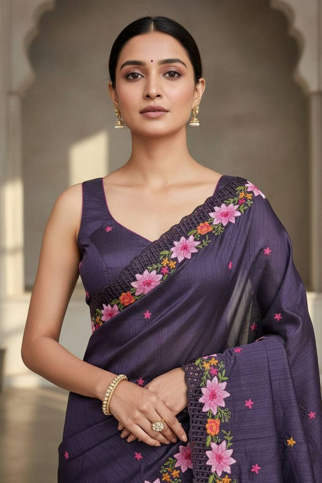 Purple Floral Embroidered Manipuri Silk Saree (ACA6228)