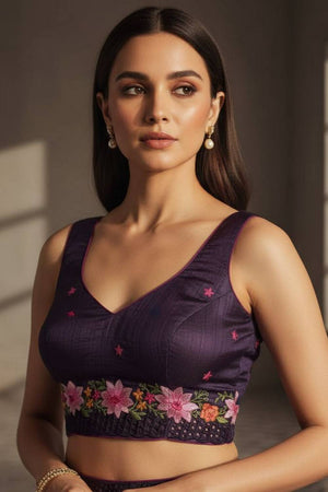 Purple Floral Embroidered Manipuri Silk Saree (ACA6228)