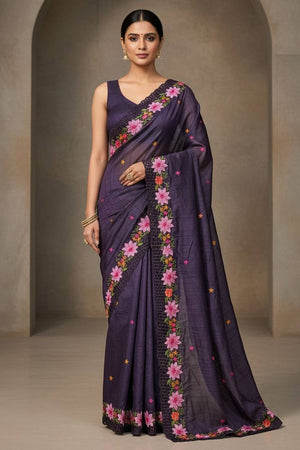 Purple Floral Embroidered Manipuri Silk Saree (ACA6228)