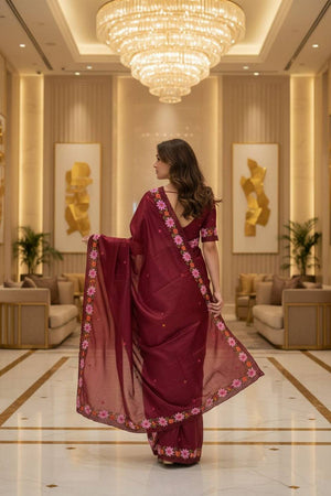 Red Floral Embroidered Manipuri Silk Saree (ACA6229)