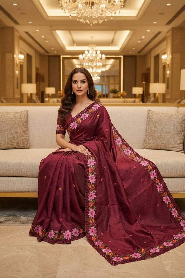 Red Floral Embroidered Manipuri Silk Saree (ACA6229)