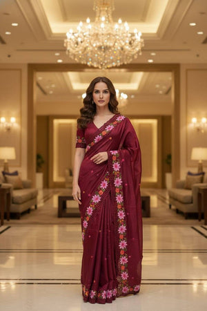 Red Floral Embroidered Manipuri Silk Saree (ACA6229)