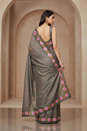 Grey Floral Embroidered Manipuri Silk Saree (ACA6230)