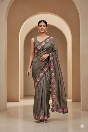 Grey Floral Embroidered Manipuri Silk Saree (ACA6230)
