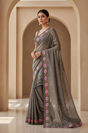 Grey Floral Embroidered Manipuri Silk Saree (ACA6230)