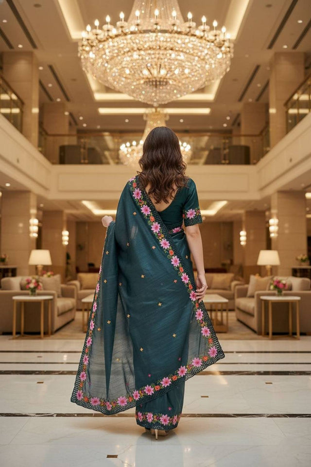 Teal Blue Floral Embroidered Manipuri Silk Saree (ACA6231)