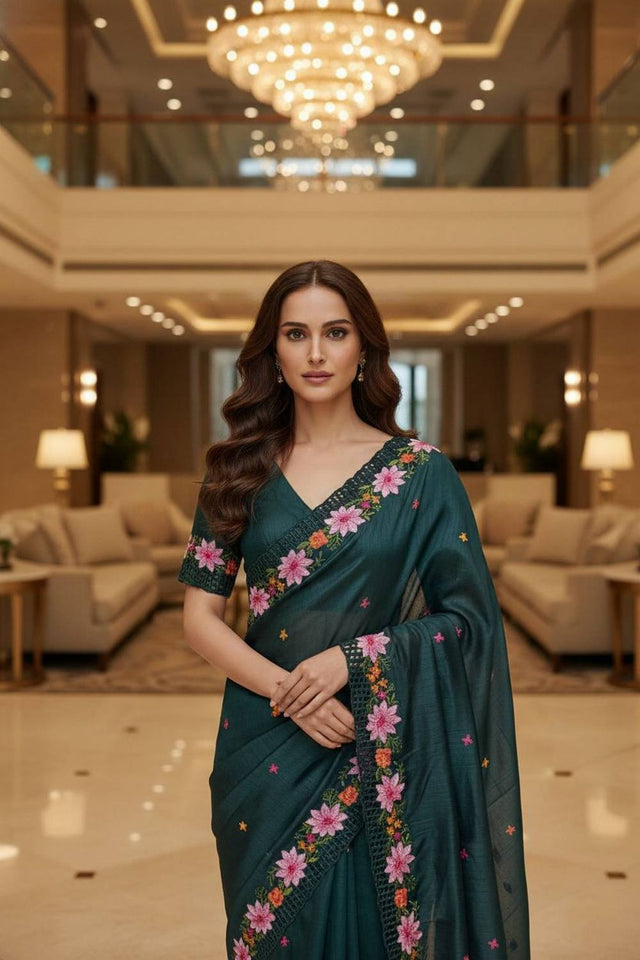 Teal Blue Floral Embroidered Manipuri Silk Saree (ACA6231)