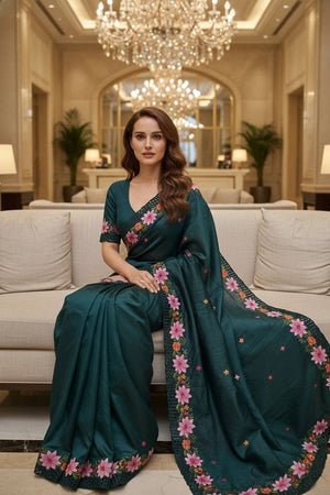 Teal Blue Floral Embroidered Manipuri Silk Saree (ACA6231)