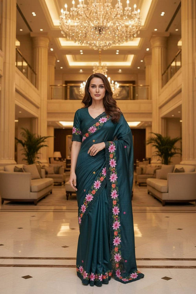 Teal Blue Floral Embroidered Manipuri Silk Saree (ACA6231)
