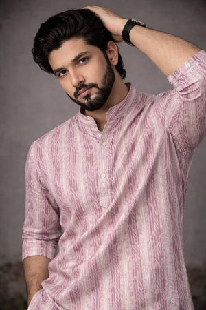 Mens Pink Printed Linen Kurta Top (ACA6232)