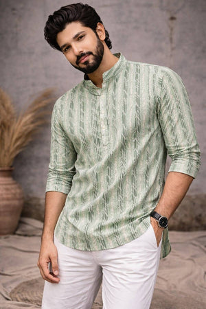 Mens Green Printed Linen Kurta Top (ACA6233)