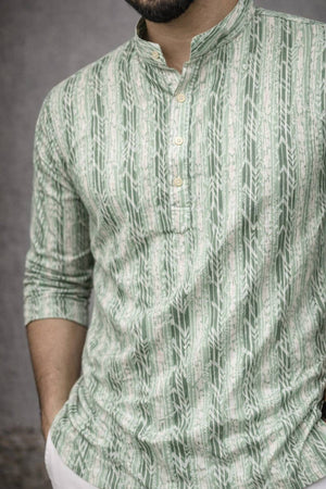 Mens Green Printed Linen Kurta Top (ACA6233)