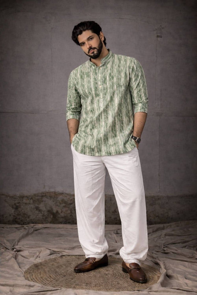 Mens Green Printed Linen Kurta Top (ACA6233)