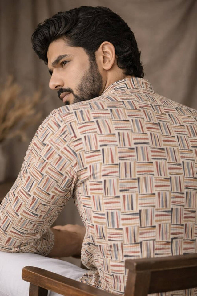 Mens White Printed Linen Kurta Top (ACA6234)
