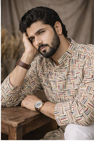 Mens White Printed Linen Kurta Top (ACA6234)