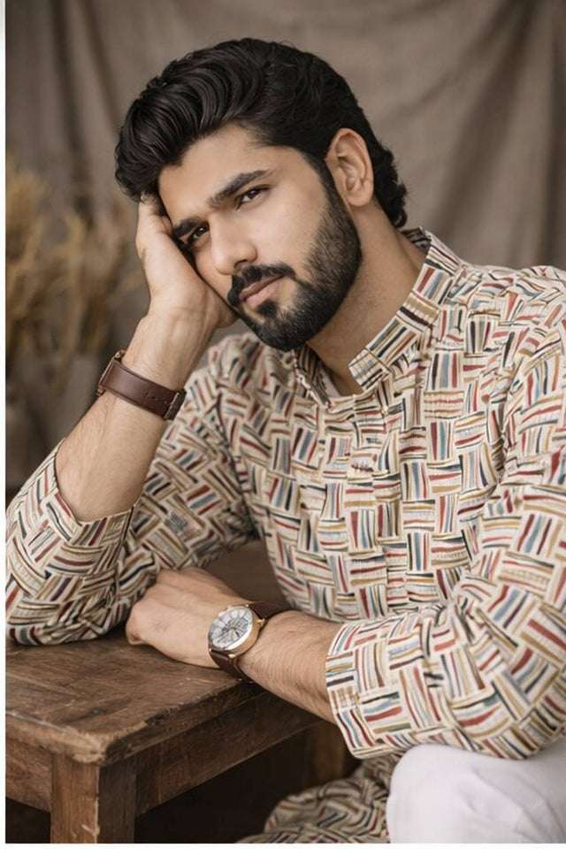 Mens White Printed Linen Kurta Top (ACA6234)