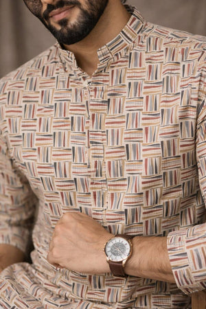 Mens White Printed Linen Kurta Top (ACA6234)