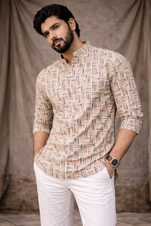 Mens White Printed Linen Kurta Top (ACA6234)