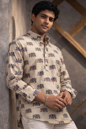 Mens White Printed Linen Kurta Top (ACA6236)