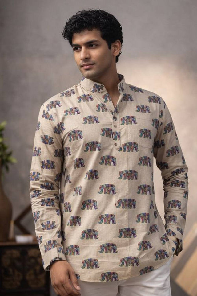 Mens White Printed Linen Kurta Top (ACA6236)