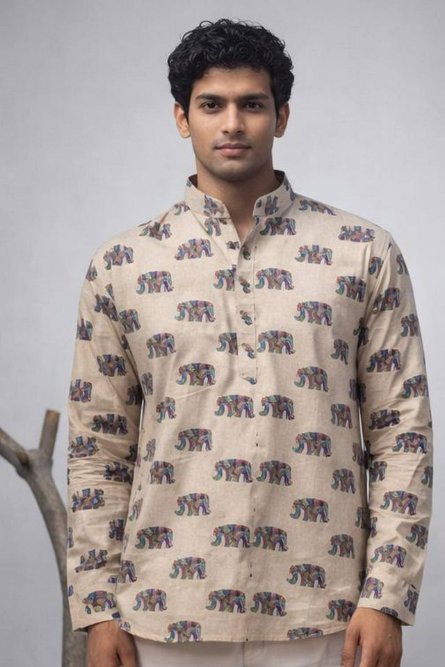 Mens White Printed Linen Kurta Top (ACA6236)