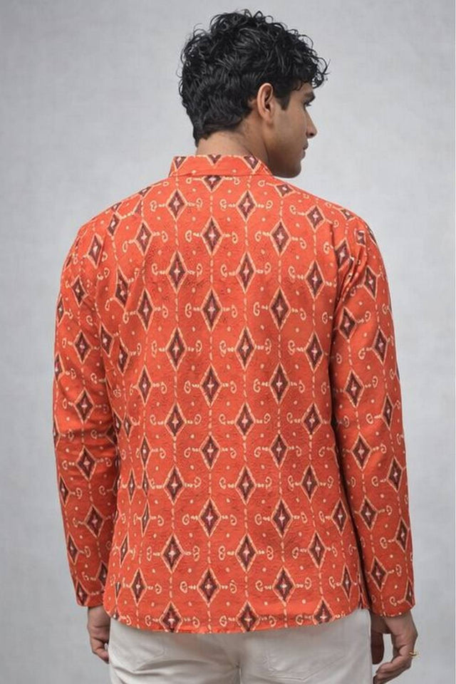 Mens Orange Printed Linen Kurta Top (ACA6237)