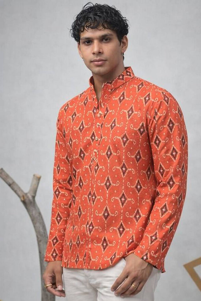 Mens Orange Printed Linen Kurta Top (ACA6237)