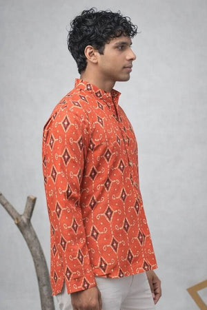 Mens Orange Printed Linen Kurta Top (ACA6237)