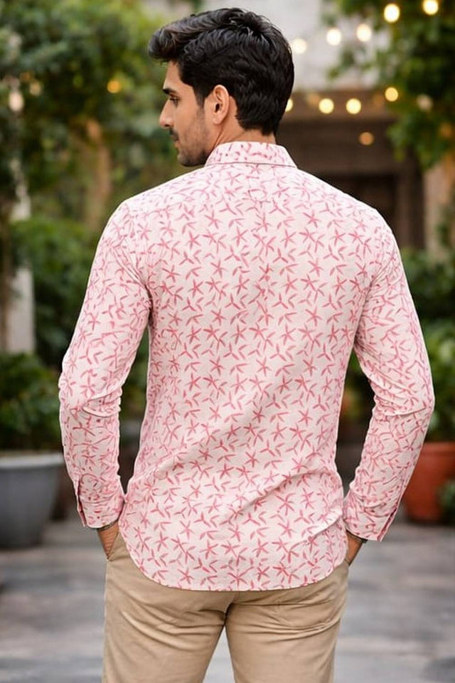 Mens Pink & White Printed Linen Kurta Top (ACA6238)
