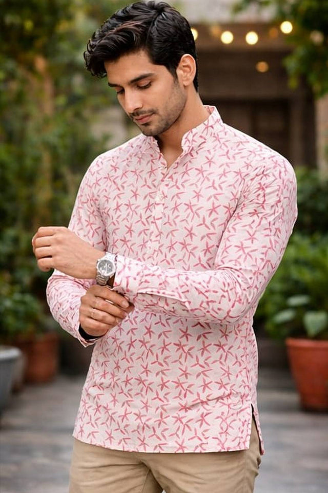 Mens Pink & White Printed Linen Kurta Top (ACA6238)