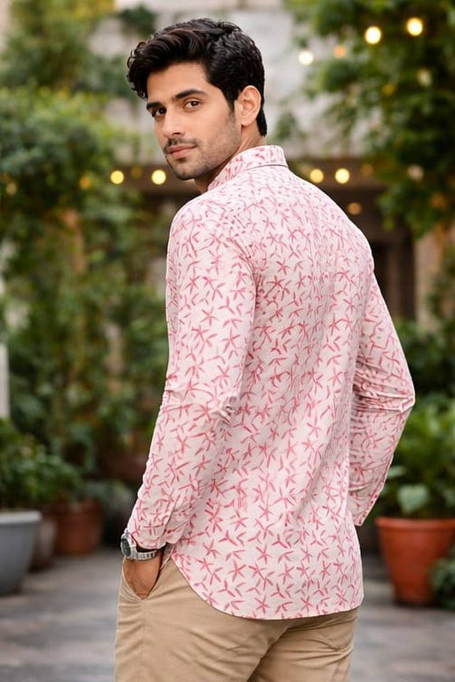 Mens Pink & White Printed Linen Kurta Top (ACA6238)