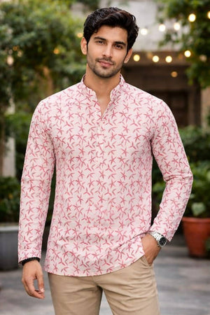 Mens Pink & White Printed Linen Kurta Top (ACA6238)
