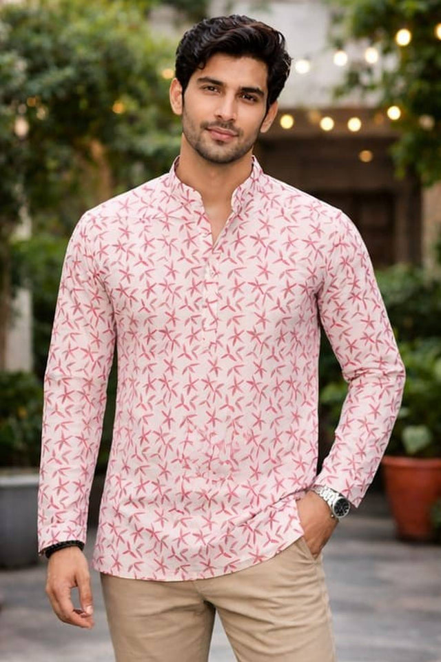 Mens Pink & White Printed Linen Kurta Top (ACA6238)