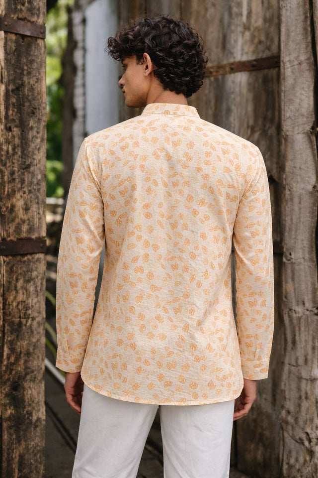 Mens Yellow Printed Linen Kurta Top (ACA6239)