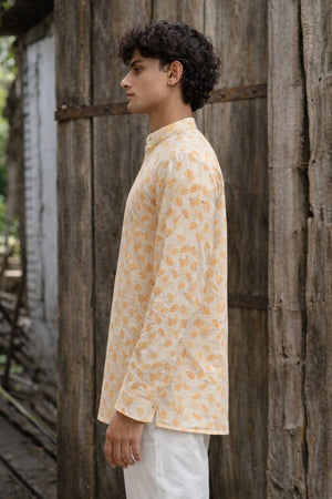 Mens Yellow Printed Linen Kurta Top (ACA6239)