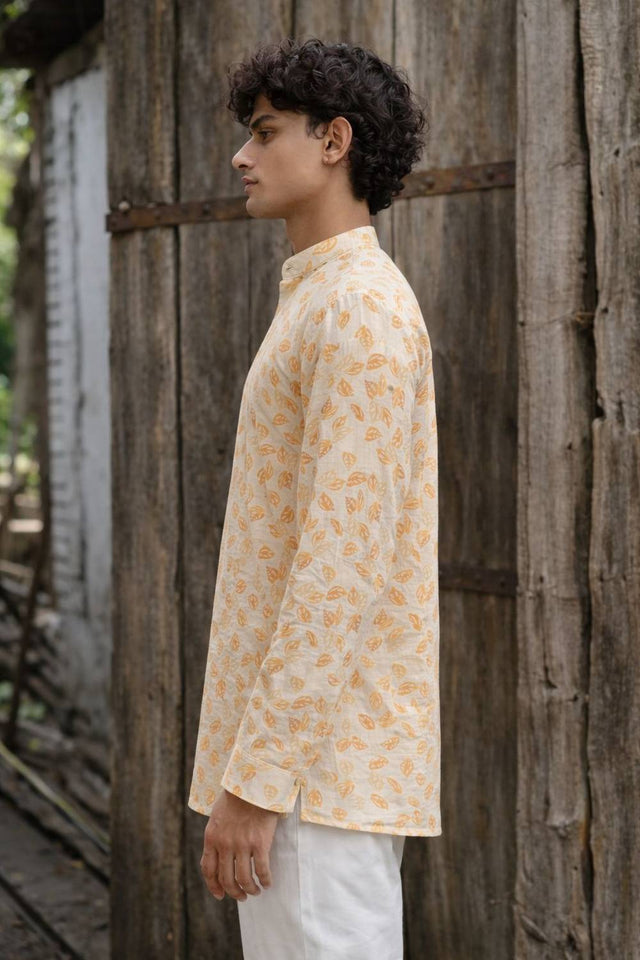 Mens Yellow Printed Linen Kurta Top (ACA6239)