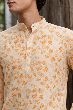 Mens Yellow Printed Linen Kurta Top (ACA6239)