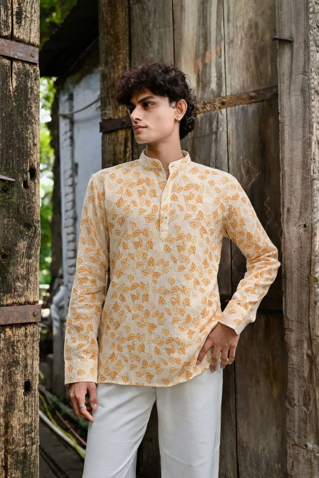 Mens Yellow Printed Linen Kurta Top (ACA6239)
