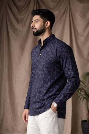 Mens Black Printed Linen Kurta Top (ACA6240)