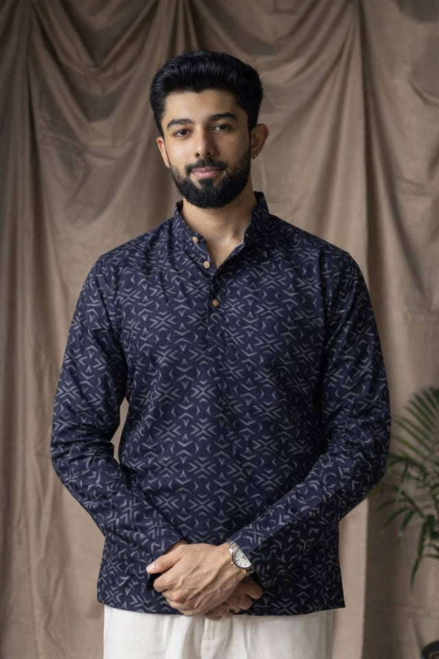 Mens Black Printed Linen Kurta Top (ACA6240)