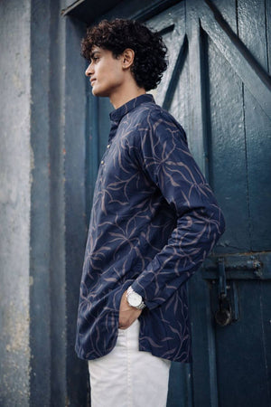 Mens Navy Blue Printed Linen Kurta Top (ACA6242)