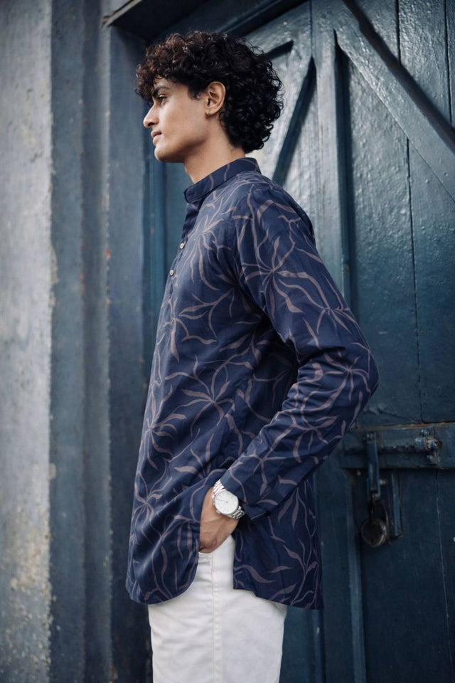 Mens Navy Blue Printed Linen Kurta Top (ACA6242)