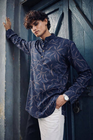 Mens Navy Blue Printed Linen Kurta Top (ACA6242)