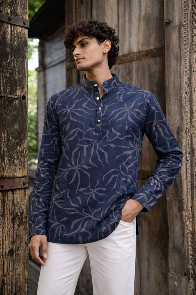Mens Navy Blue Printed Linen Kurta Top (ACA6242)