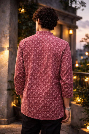 Mens Maroon Printed Linen Kurta Top (ACA6243)