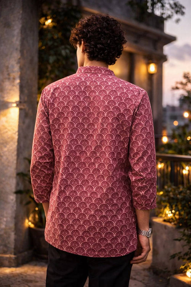 Mens Maroon Printed Linen Kurta Top (ACA6243)