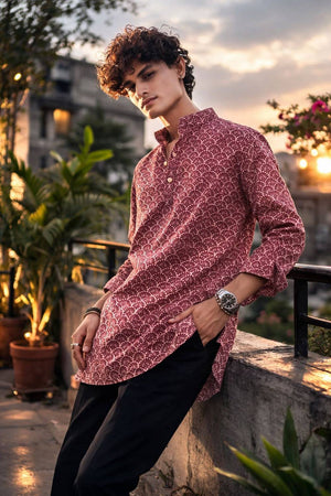 Mens Maroon Printed Linen Kurta Top (ACA6243)