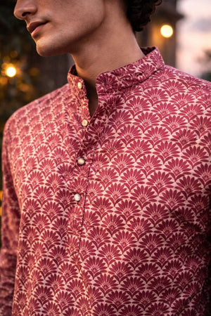 Mens Maroon Printed Linen Kurta Top (ACA6243)