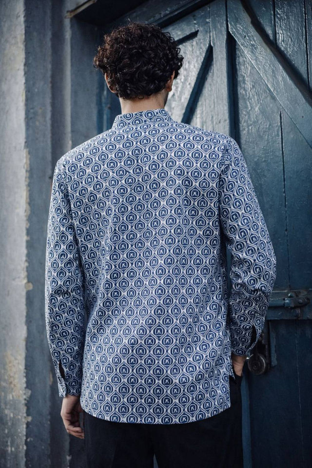 Mens Blue Printed Linen Kurta Top (ACA6244)