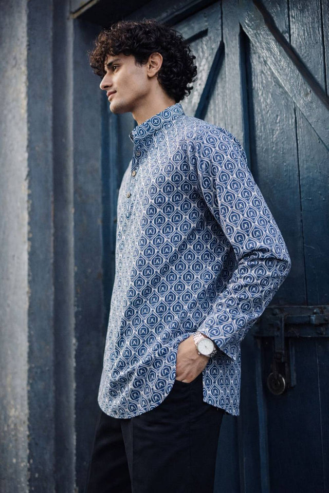 Mens Blue Printed Linen Kurta Top (ACA6244)